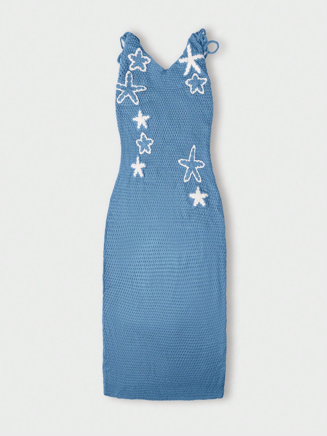 Ocean Blue Crochet Starfish Appliqu¨¦ Halter Open Back Maxi Dress