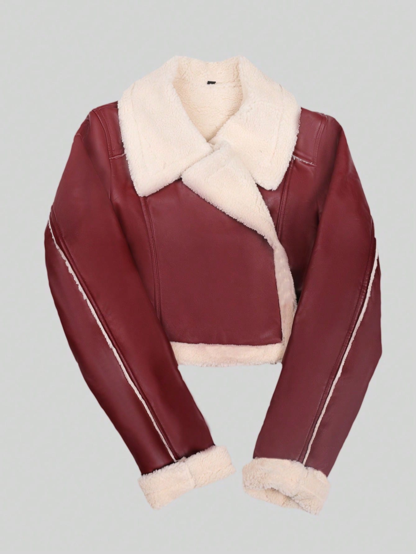 Women's Wine Red PU Leather Cropped Jacket with Faux Fur Trim Winter Coat