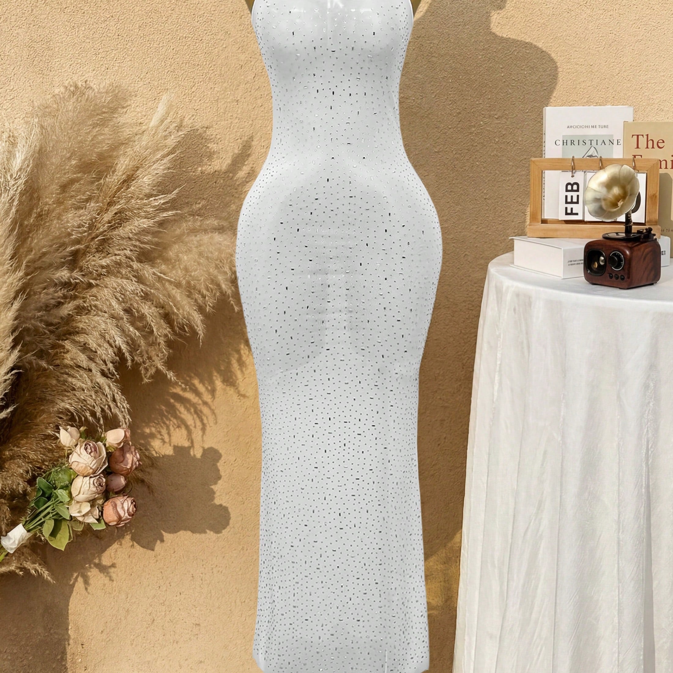 Women's White Sheer Mesh Rhinestone Bodycon Maxi Dress with Spaghetti Straps