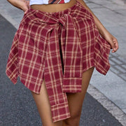Women's Burgundy Plaid Oversized Shirt Shorts - Casual Tartan Button-Down High-Waisted Shorts, Stylish Daily & Brunch Wear