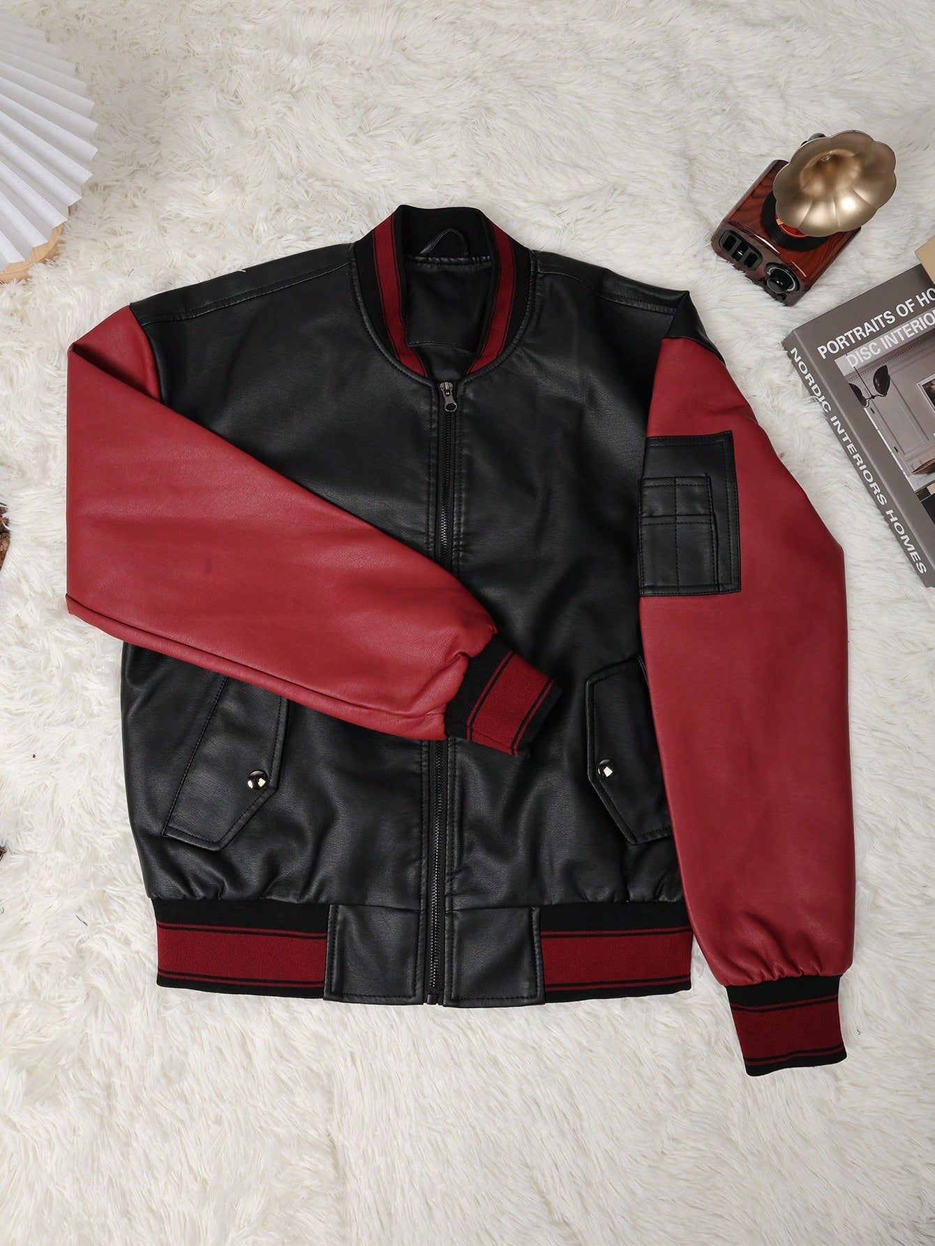 Women's Apperloth Women PU Leather Color Block Bomber Jacket