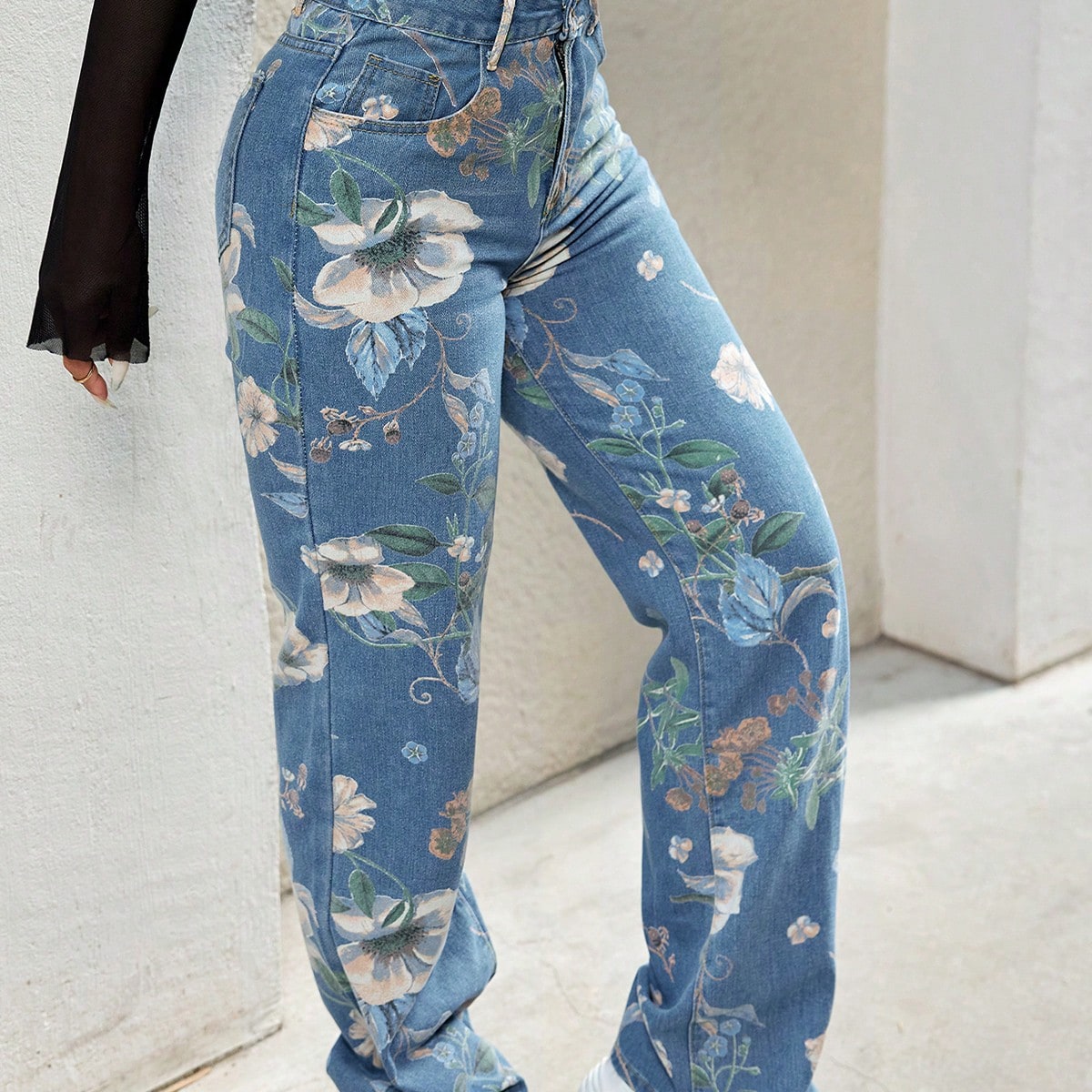 Women's Floral Print Wide-Leg Denim Jeans | Y2K Aesthetic Loose Casual Baggy Denim Pants