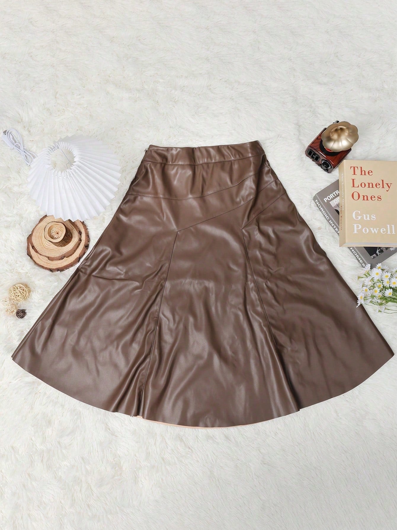 Women's Women Brown PU Leather A-Line Midi Skirt with Seam Detail