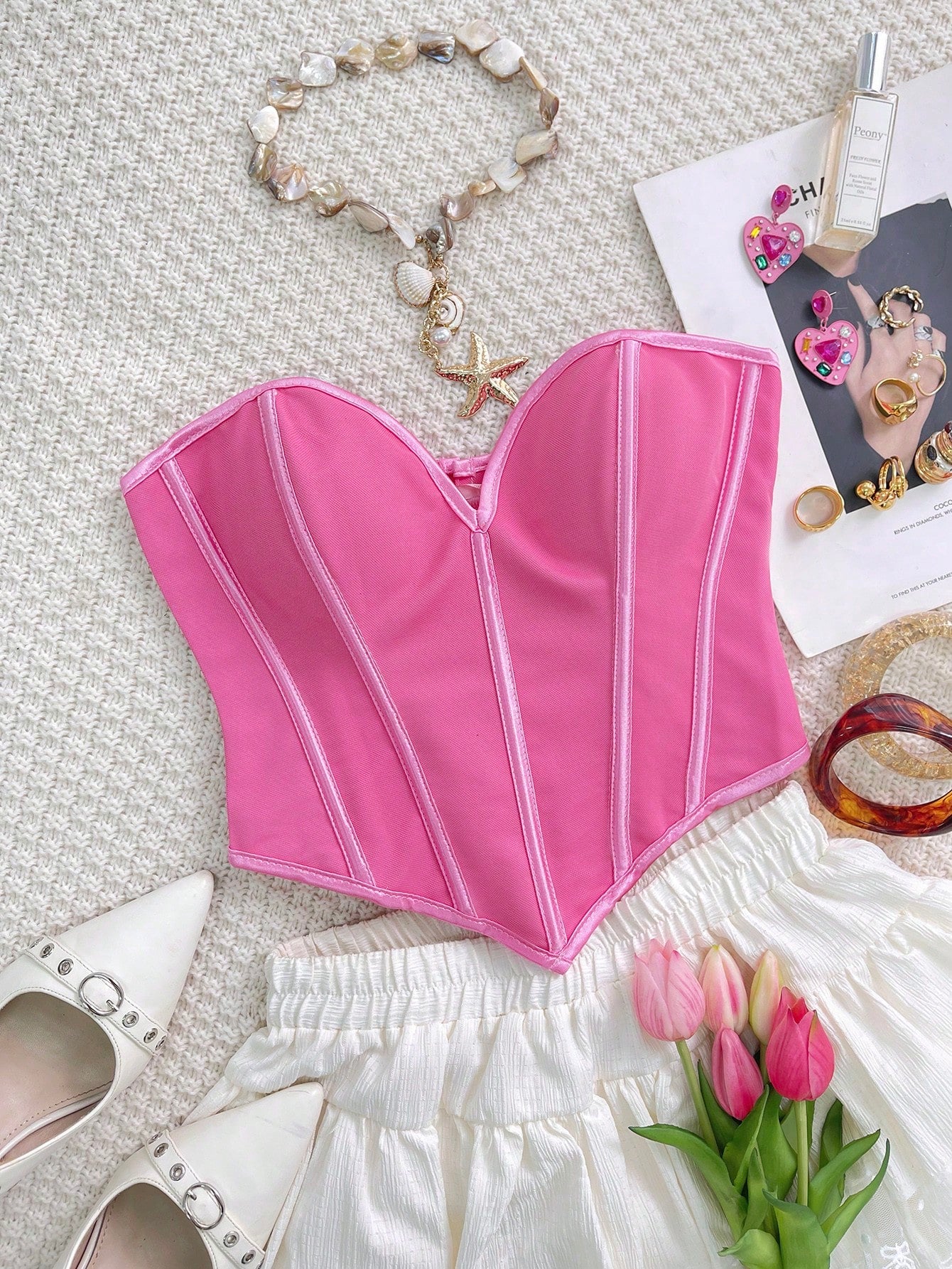 Women's Women Sexy Pink Satin Corset Top Heart Neck Boned Waist Cincher