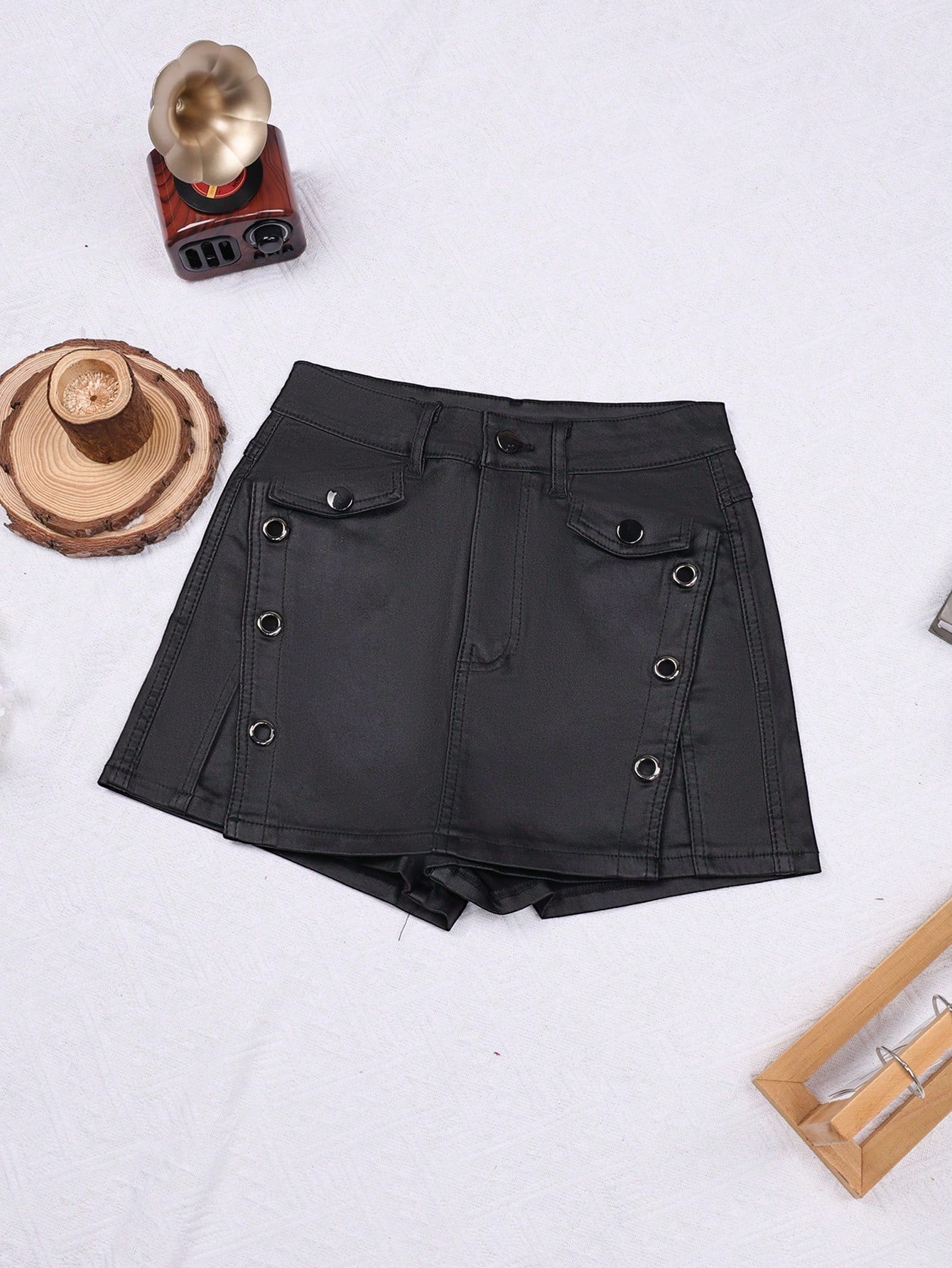 Women's Black Faux Leather Mini Skirt with Decorative Side Buttons