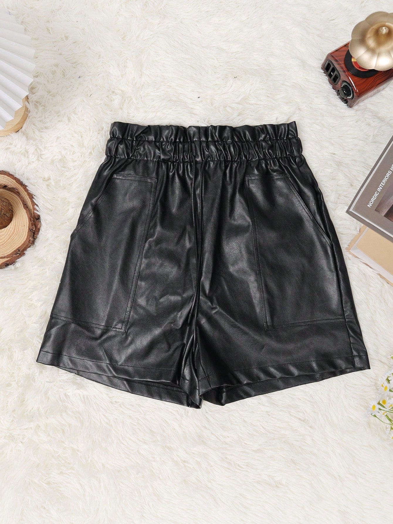 Black Faux Leather Elastic Waist Bodycon Mini Shorts