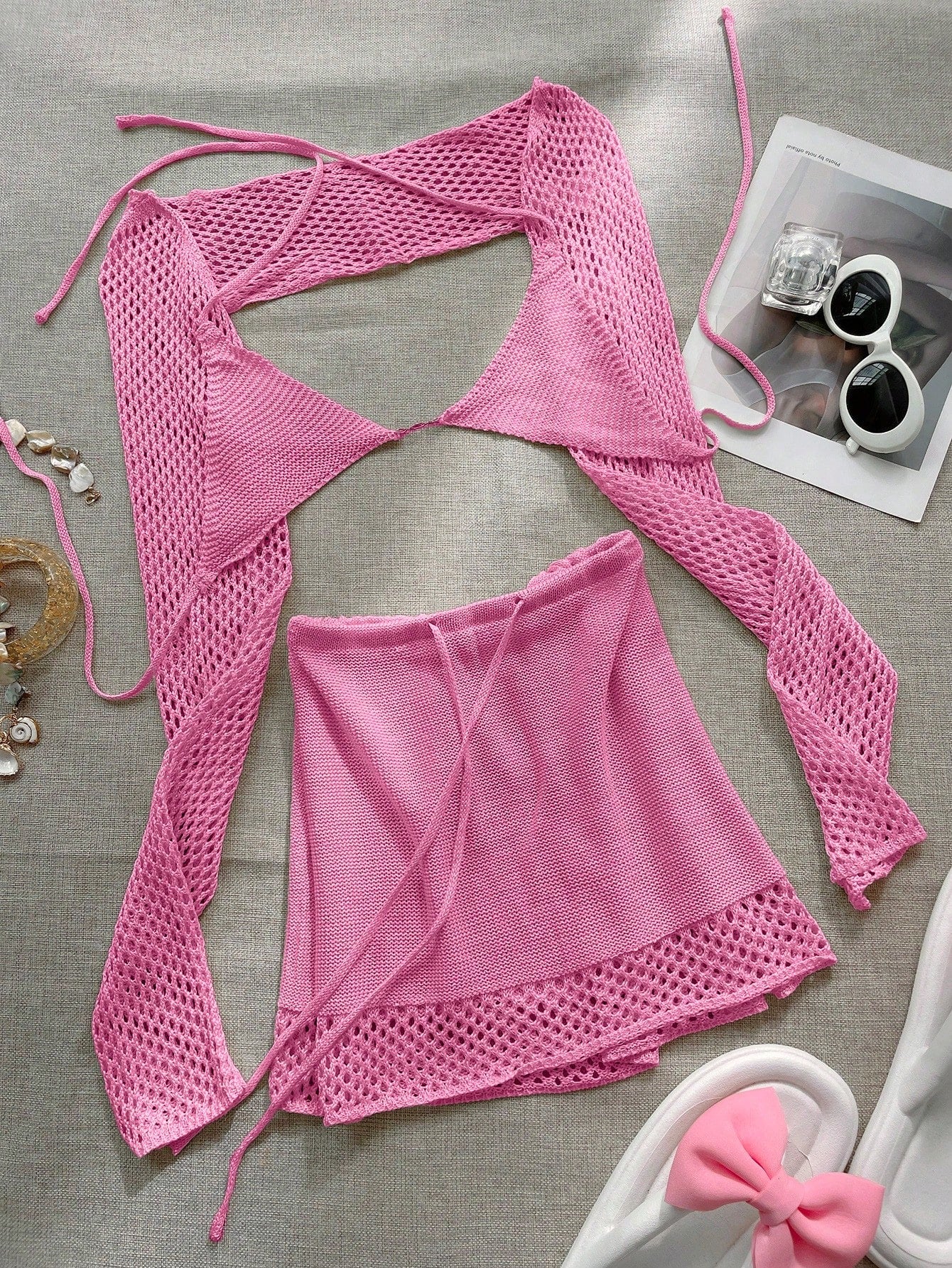 Women's Pink Knit Two-Piece Set with Crop Top and Mini Skirt