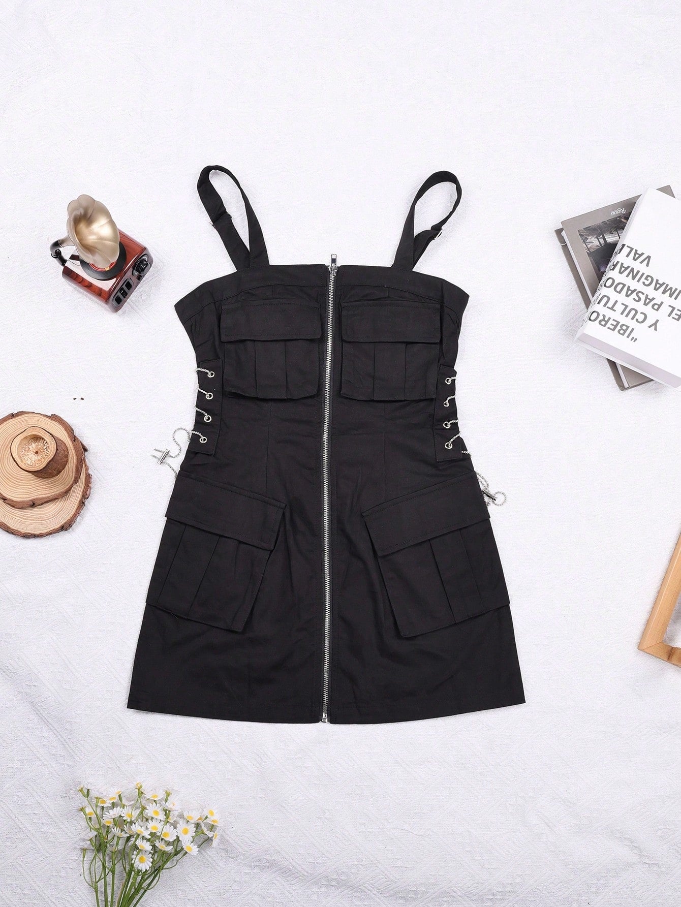 Women's Black Utility Cargo Dress with Buckle Detail