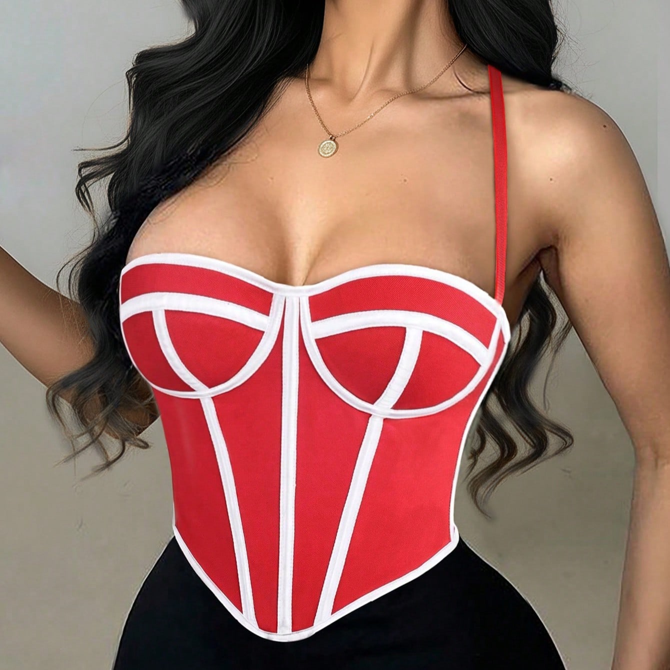 Women's Vibrant Red Bustier Corset Top with White Contrast Piping
