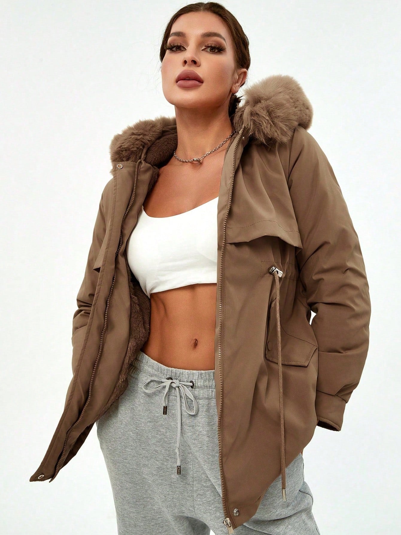 Women's Coffee Brown Faux Fur Hooded Parka Jacket Winter Warm Coat