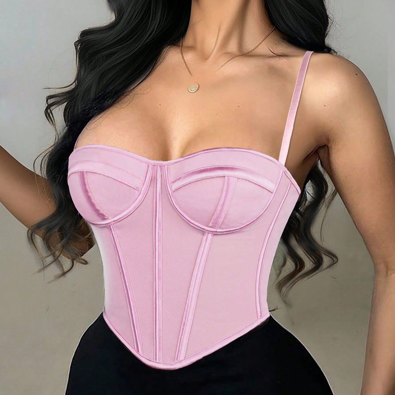 Women's Apperloth Women Sexy Pink Satin Corset Top Sleeveless