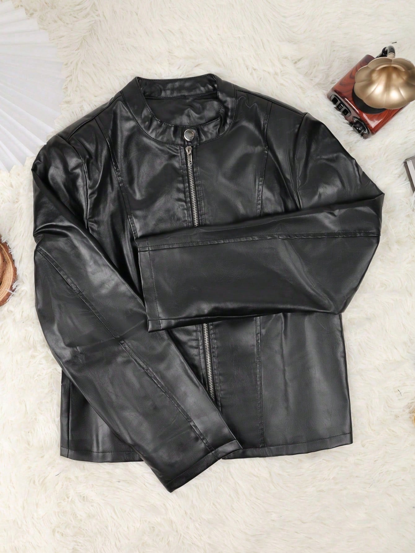 Women's Chic Faux Leather Jacket with Stand Collar and Zip Closure