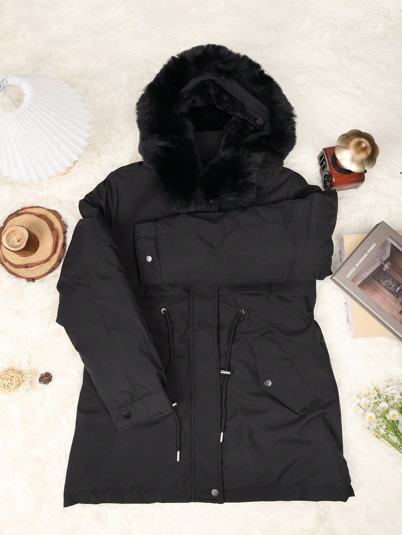Women's Black Faux Fur Hooded Parka Jacket Winter Drawstring Waist Coat
