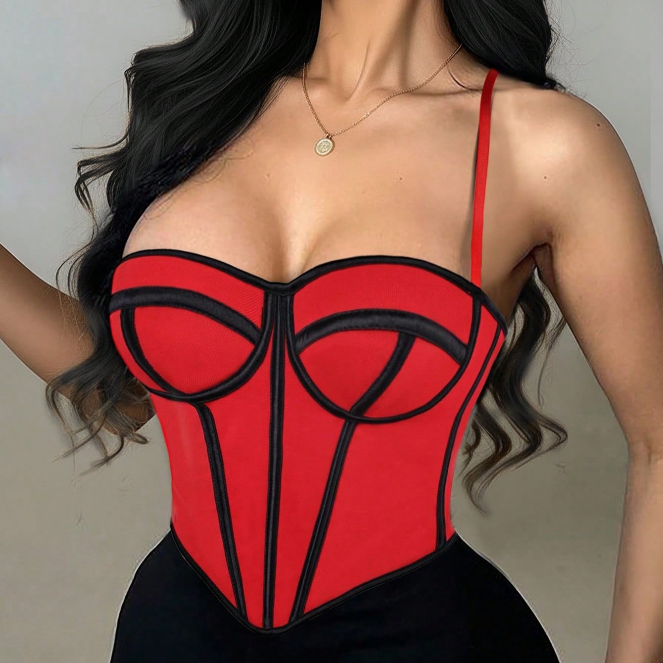 Women's Bold Red Bustier Corset Top with Black Contrast Trim