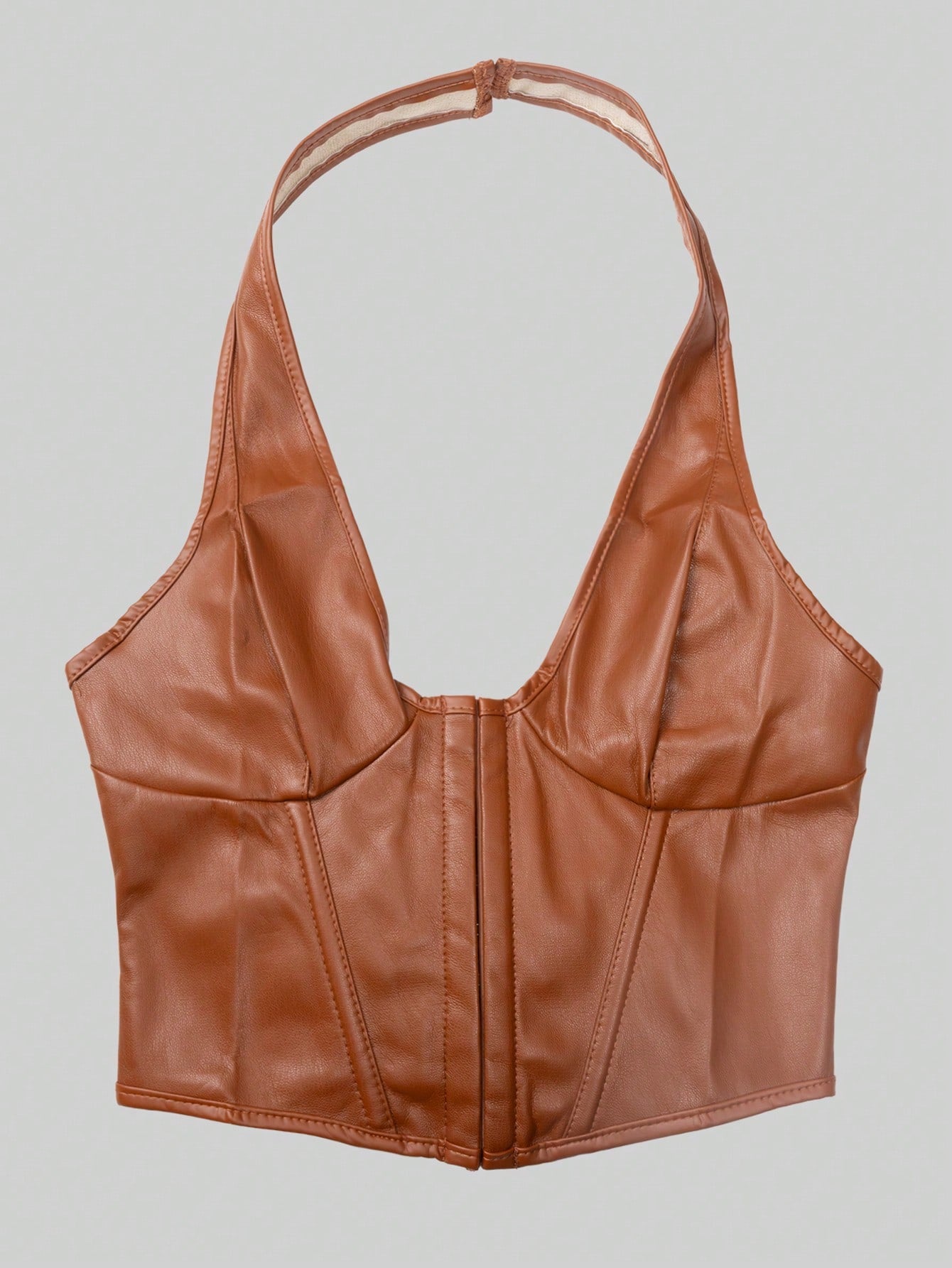 Women's Sexy Brown Faux Leather Corset Top Halter Neck Hook and Eye Closure Vest