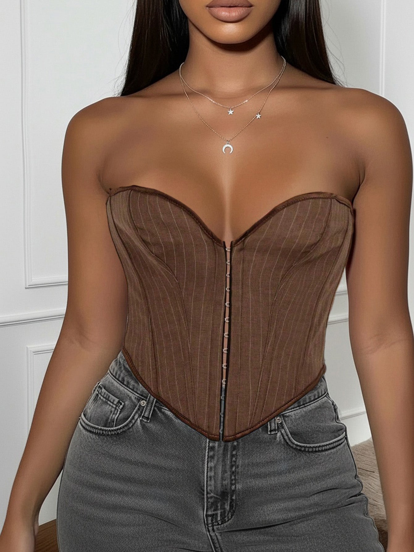 Women's Brown Pinstripe Boned Corset Top with Hook and Eye Closure