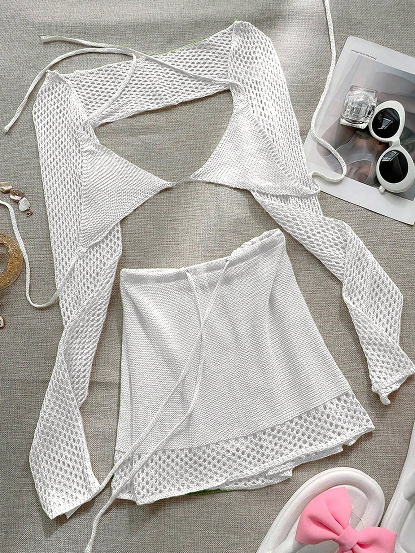 Women's White Knit Two-Piece Set with Crop Top and Mini Skirt