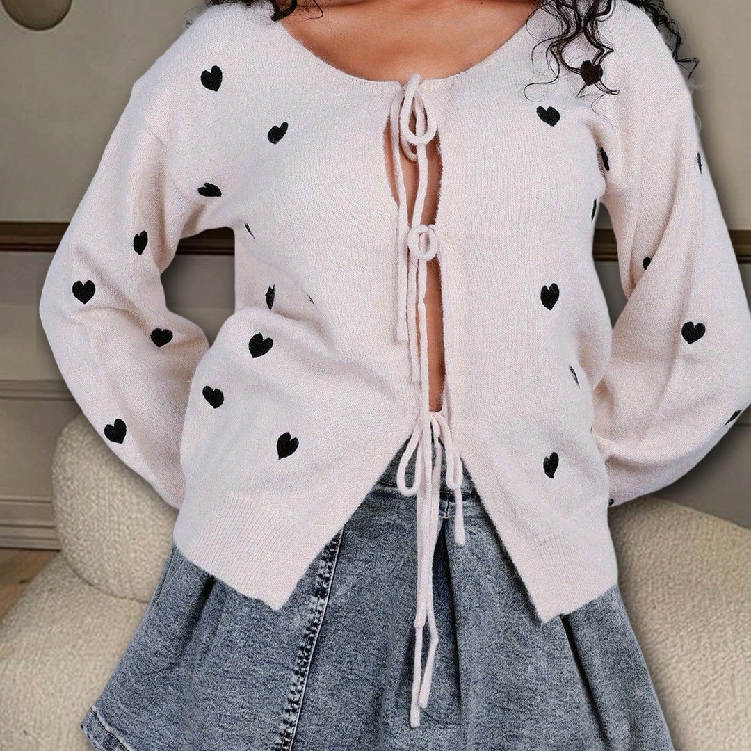 Women's Charming Apricot Knit Cardigan with Black Heart Embroidery and Tie-Front