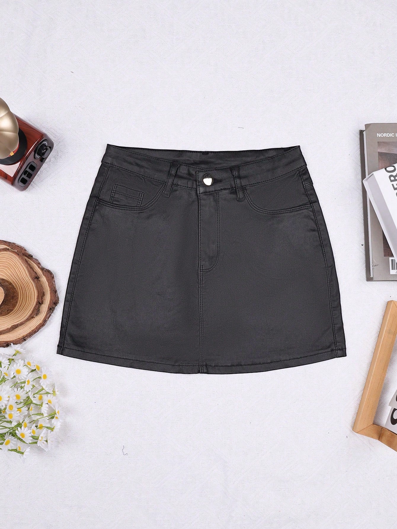 Women's Black Faux Leather Bodycon Mini Skirt with Back Zipper
