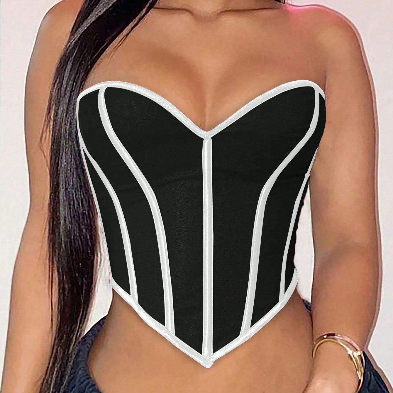Women's Women Sexy Black and White Satin Corset Top Heart Neck Boned