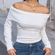 Women's White Off-Shoulder Long-Sleeve Top, Elegant Ribbed Knit Blouse for Casual & Semi-Formal Wear