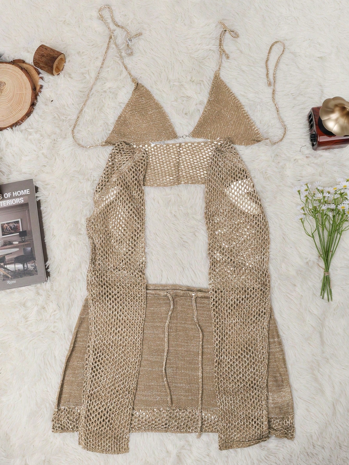 Women's Khaki Knit Two-Piece Set with Crop Top and Mini Skirt