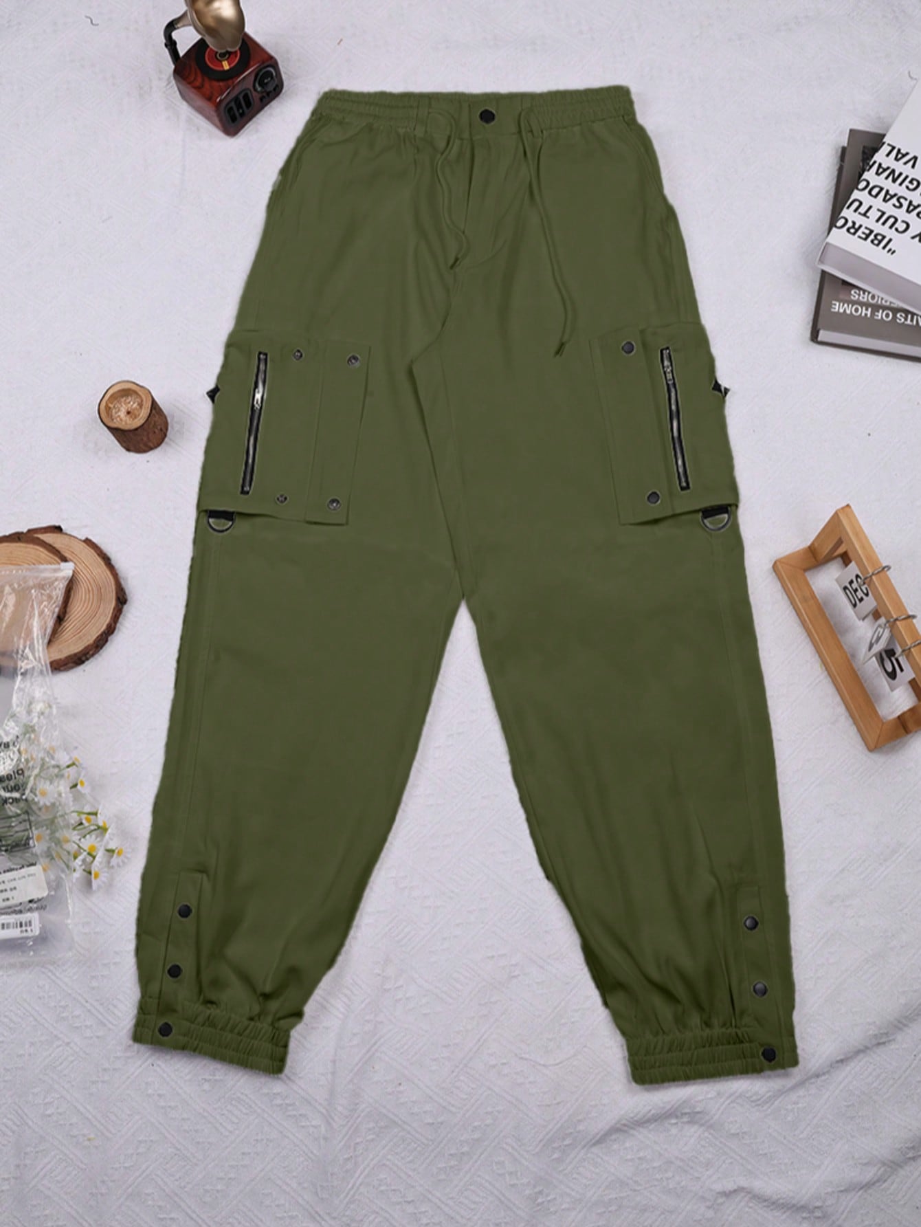 Women's Army Green High Waisted Zipper Detail Cargo Pants Streetwear Trousers
