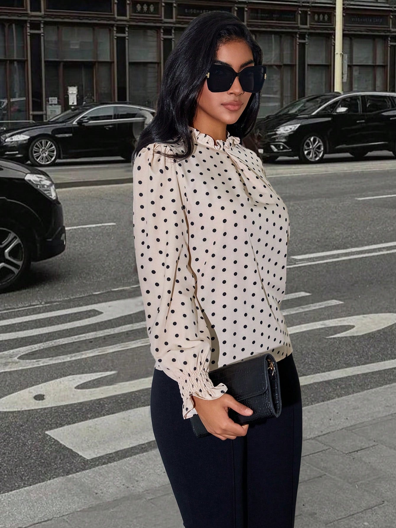 Women's Women Elegant Apricot Polka Dot Blouse High Neck Long Puff Sleeve Top