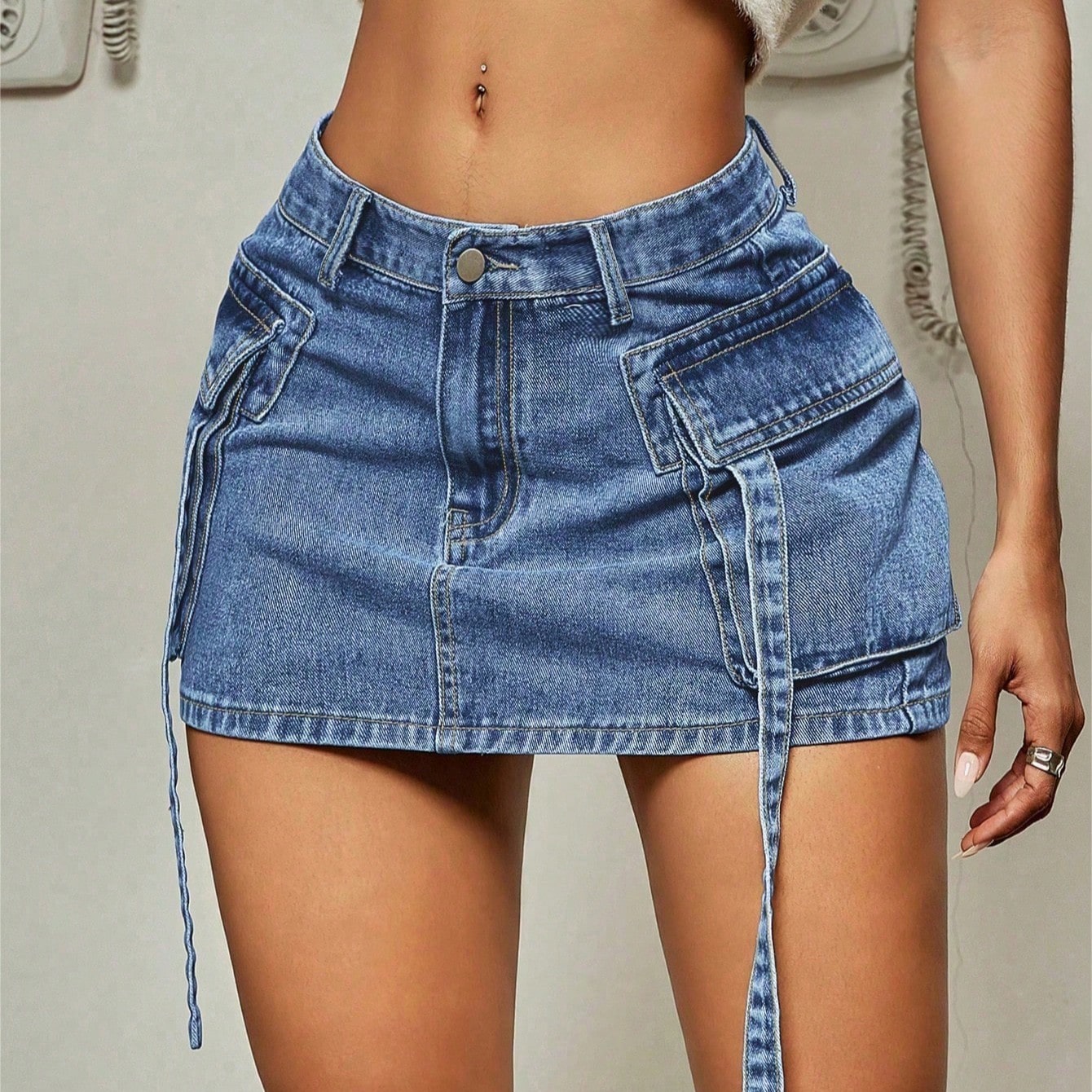 Women's Apperloth Medium Blue Denim Mini Skirt Sexy Cargo Style with Straps