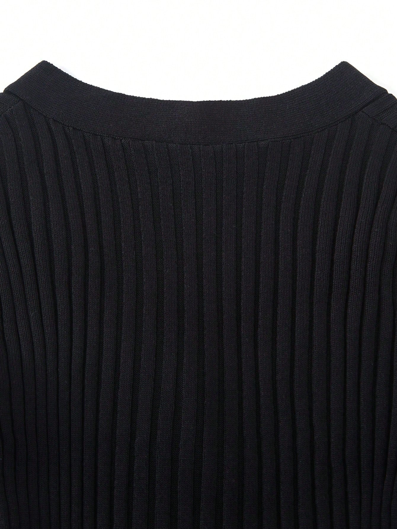 Women's Black Ribbed Knit Henley Top with Button Placket