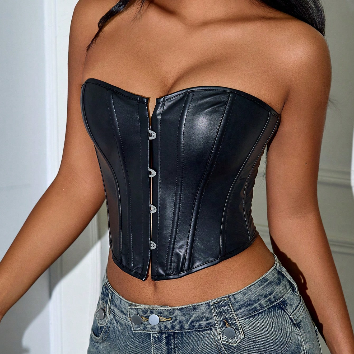 Women's Black PU Leather Strapless Overbust Corset with Front Hook Closure