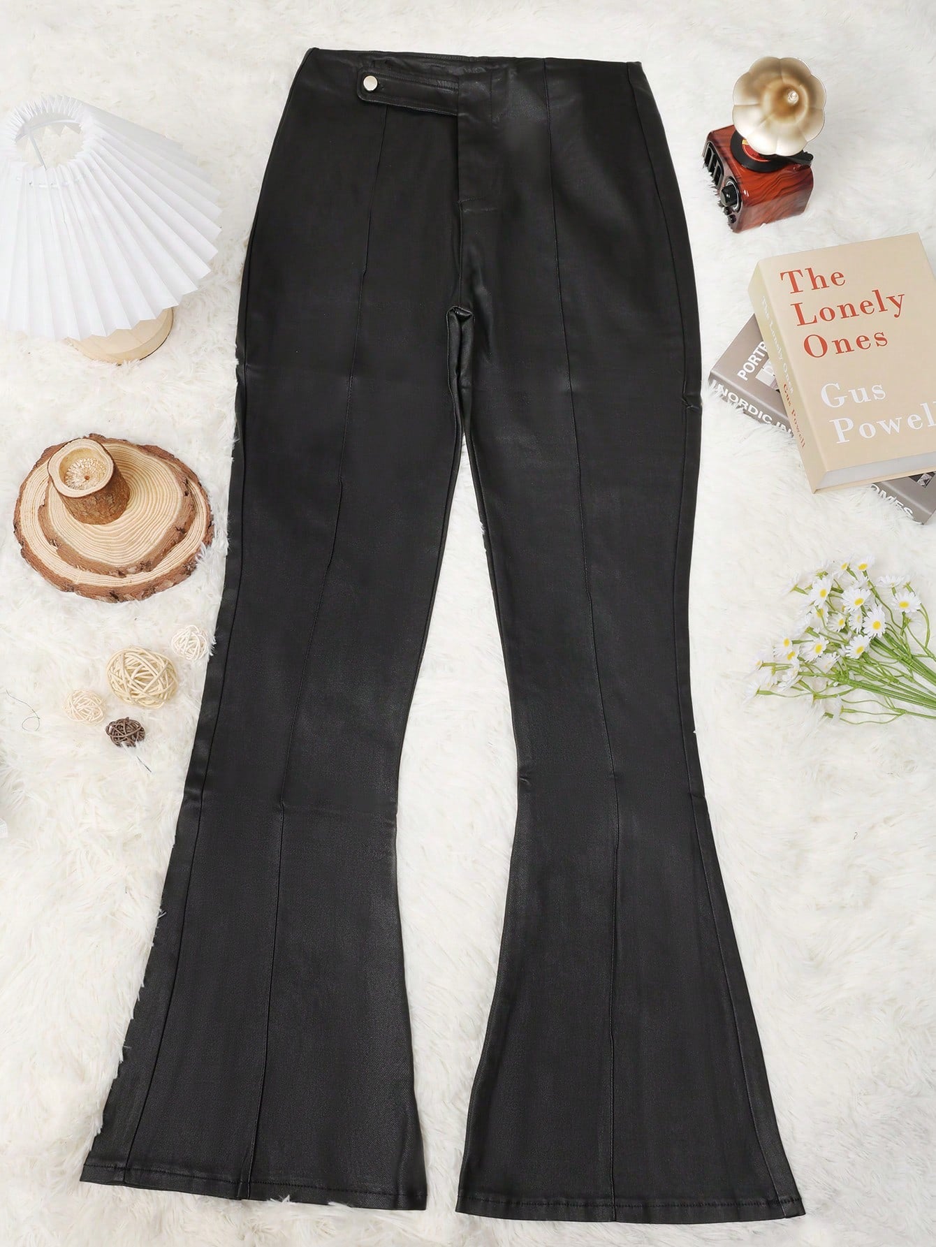 Women's Black Polyester Full-length pants with wide-leg