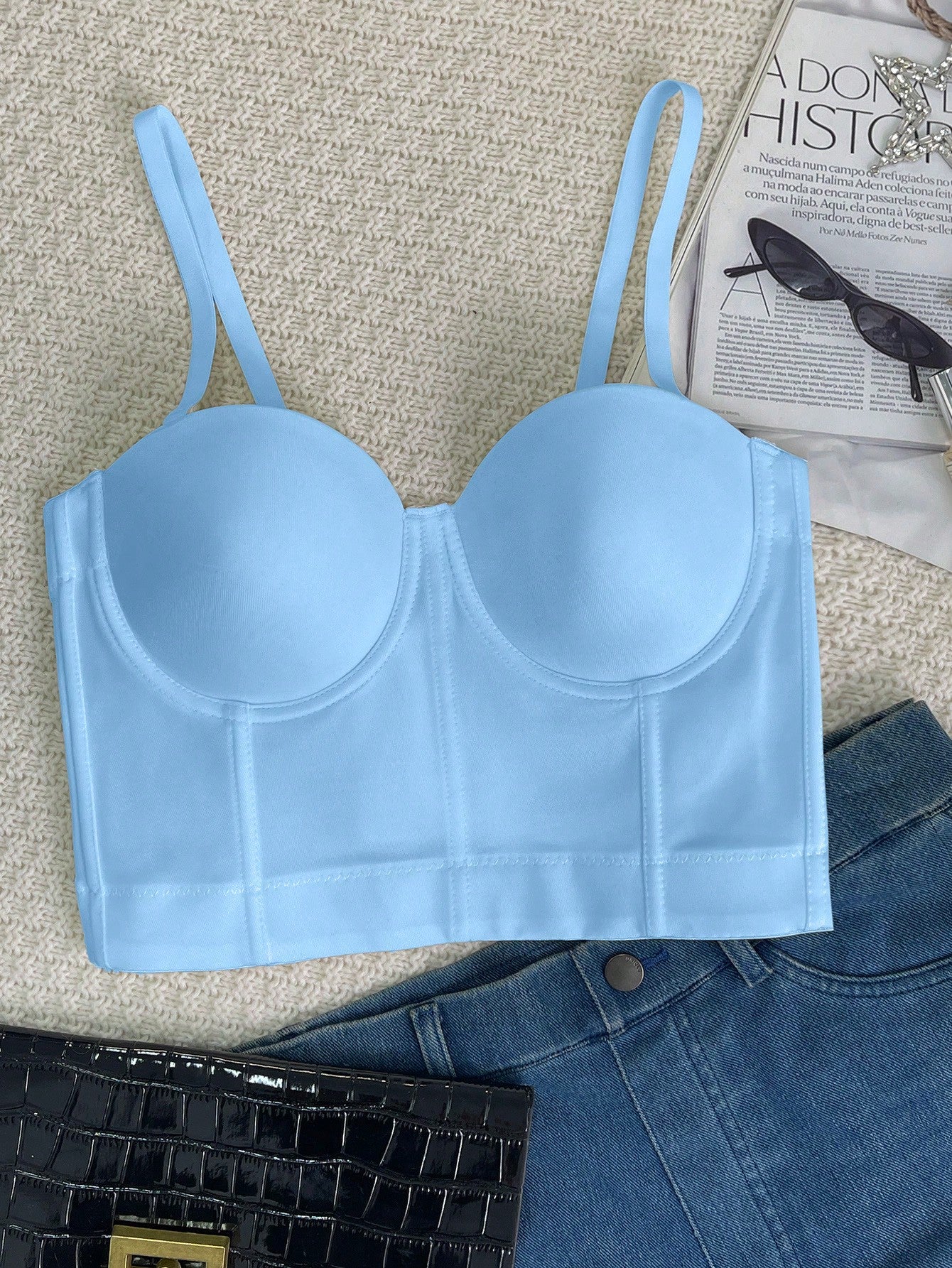 Women's Women Sexy Light Blue Mesh Corset Top Underwire Bustier Camisole