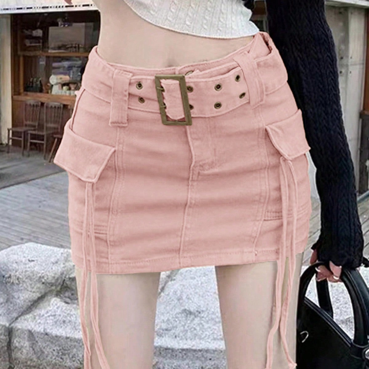 Women's Pink High Waist Cargo Denim Mini Skirt with Belt