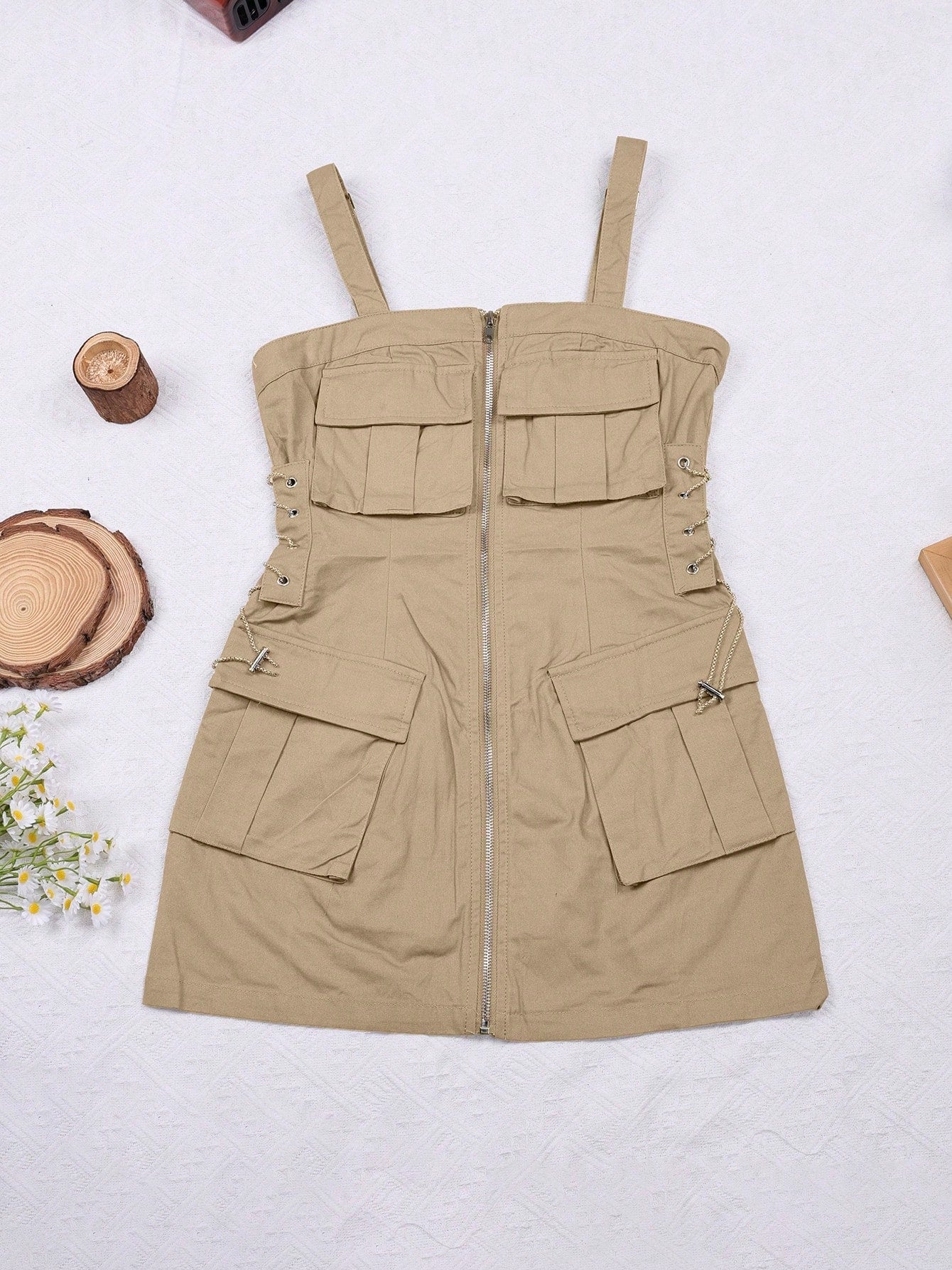 Women's Khaki Utility Cargo Dress Streetwear Mini Dress