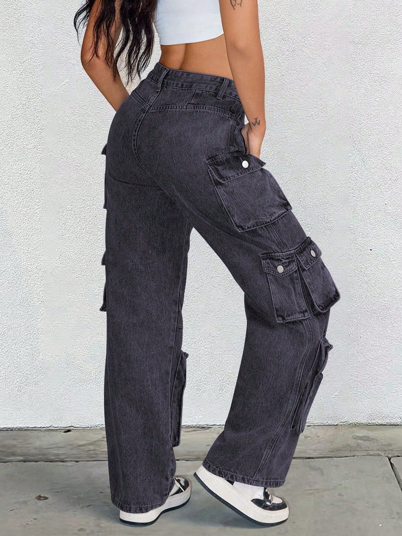 Women's Smoke Black Denim Full-length wide-leg jeans with wide-leg