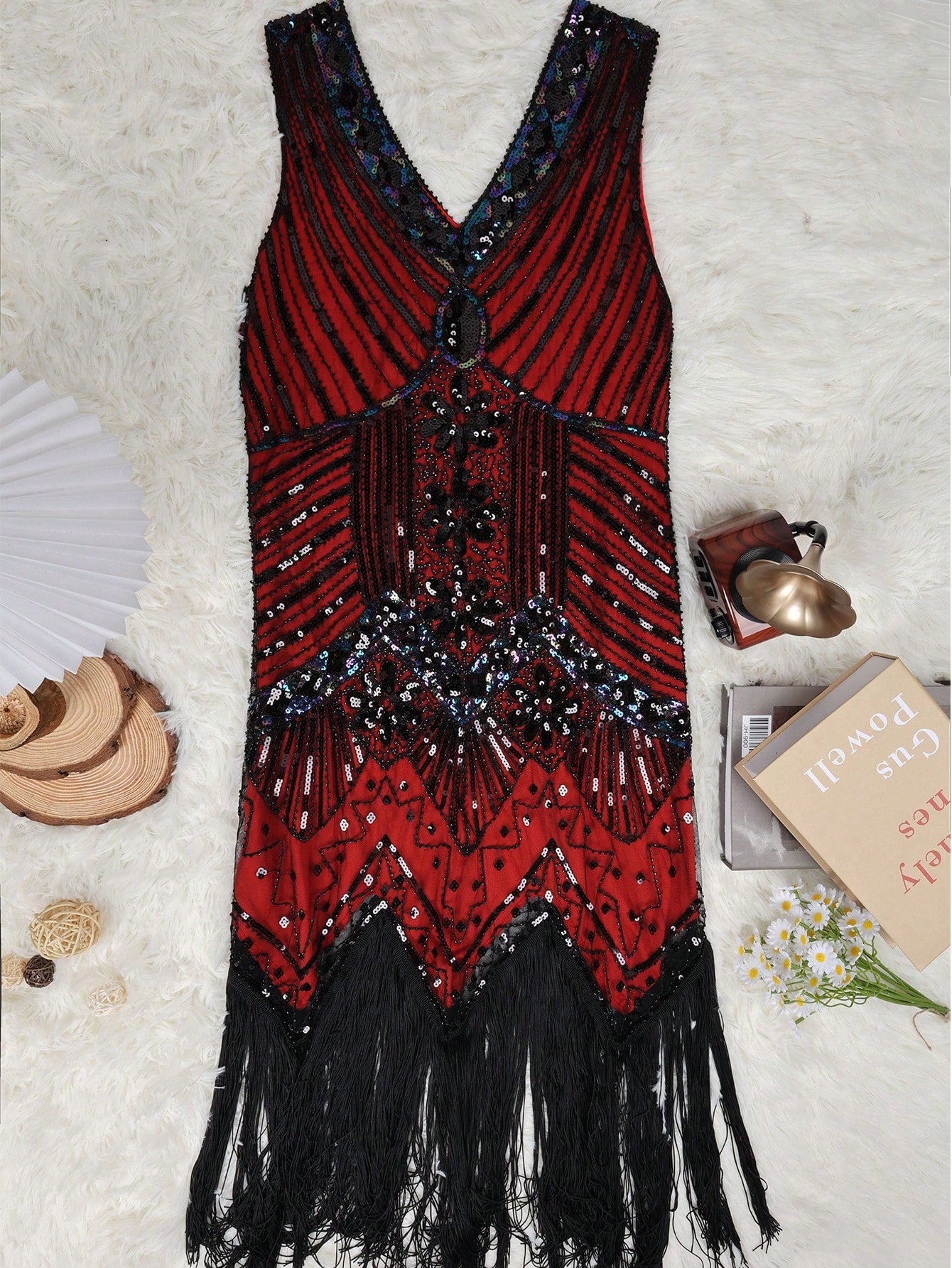 Women's Black and Red Art Deco Sequin Fringe Dress
