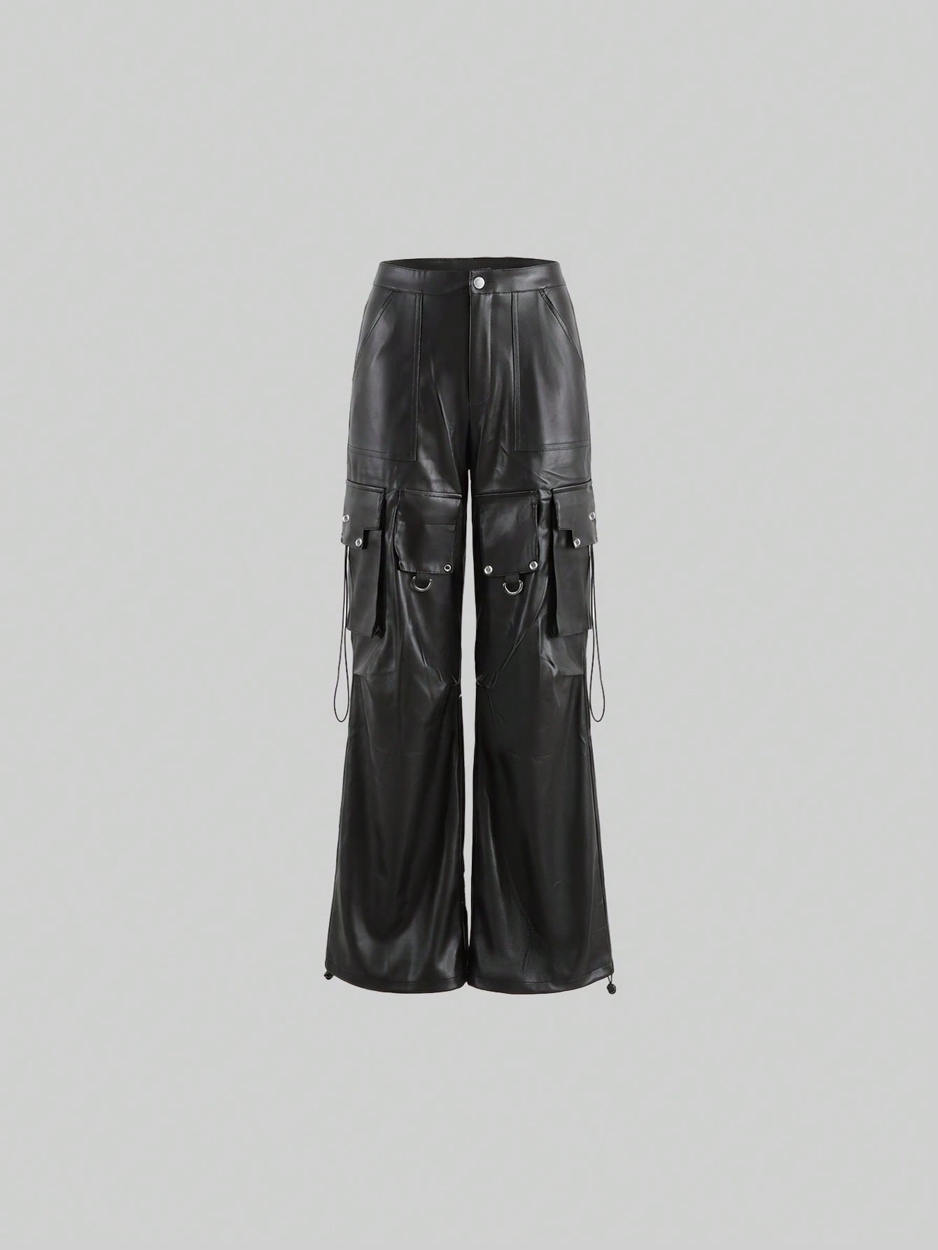 Women's Black PU Leather High Waisted Cargo Pants Wide Leg Faux Leather Trousers