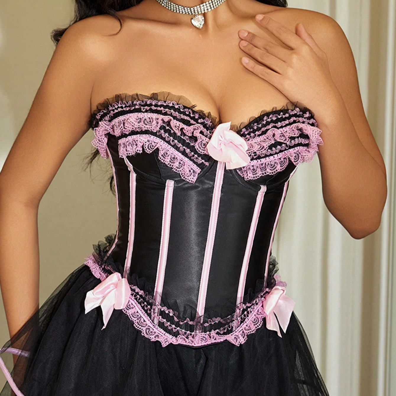 Women's Contrast Lace Boned Corset Top in Black and Pink