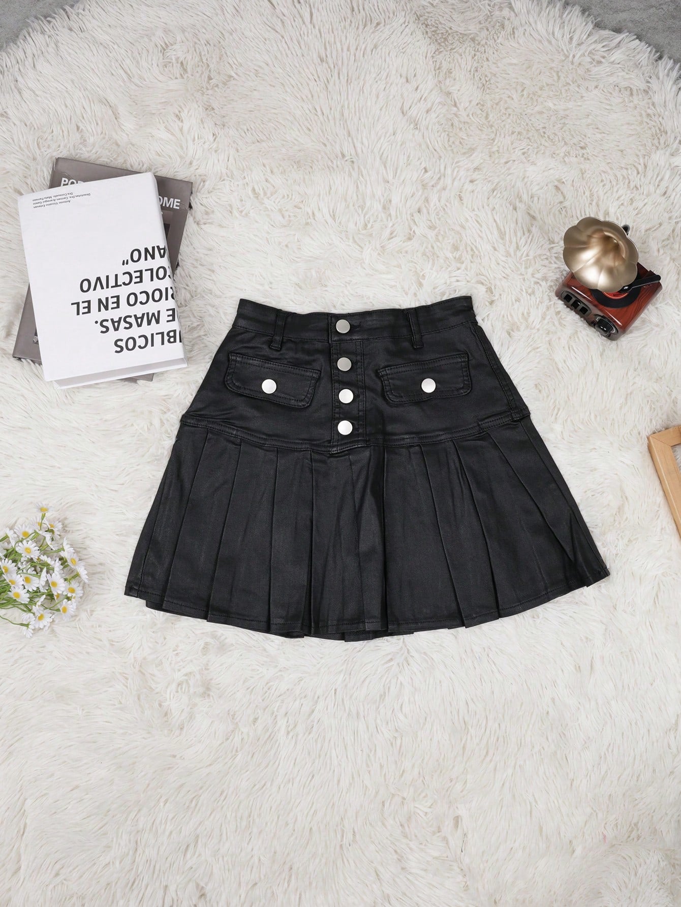 Women's Women High Waist Black PU Leather Pleated Mini Skirt with Buttons Detail