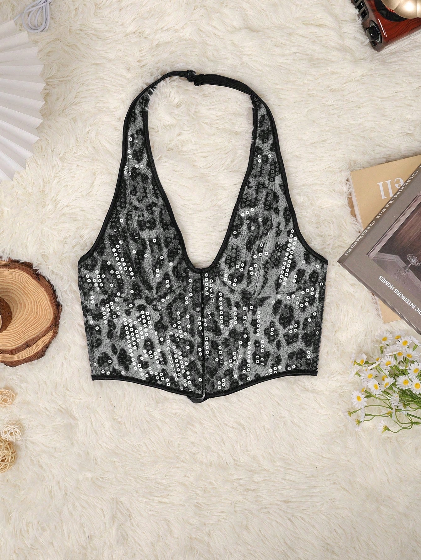 Women's Black White Leopard Print Corset Bustier