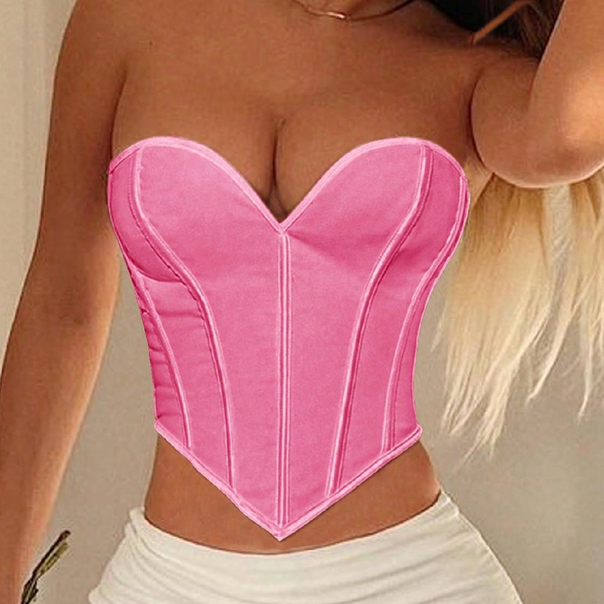 Women's Women Sexy Pink Satin Corset Top Heart Neck Boned Waist Cincher