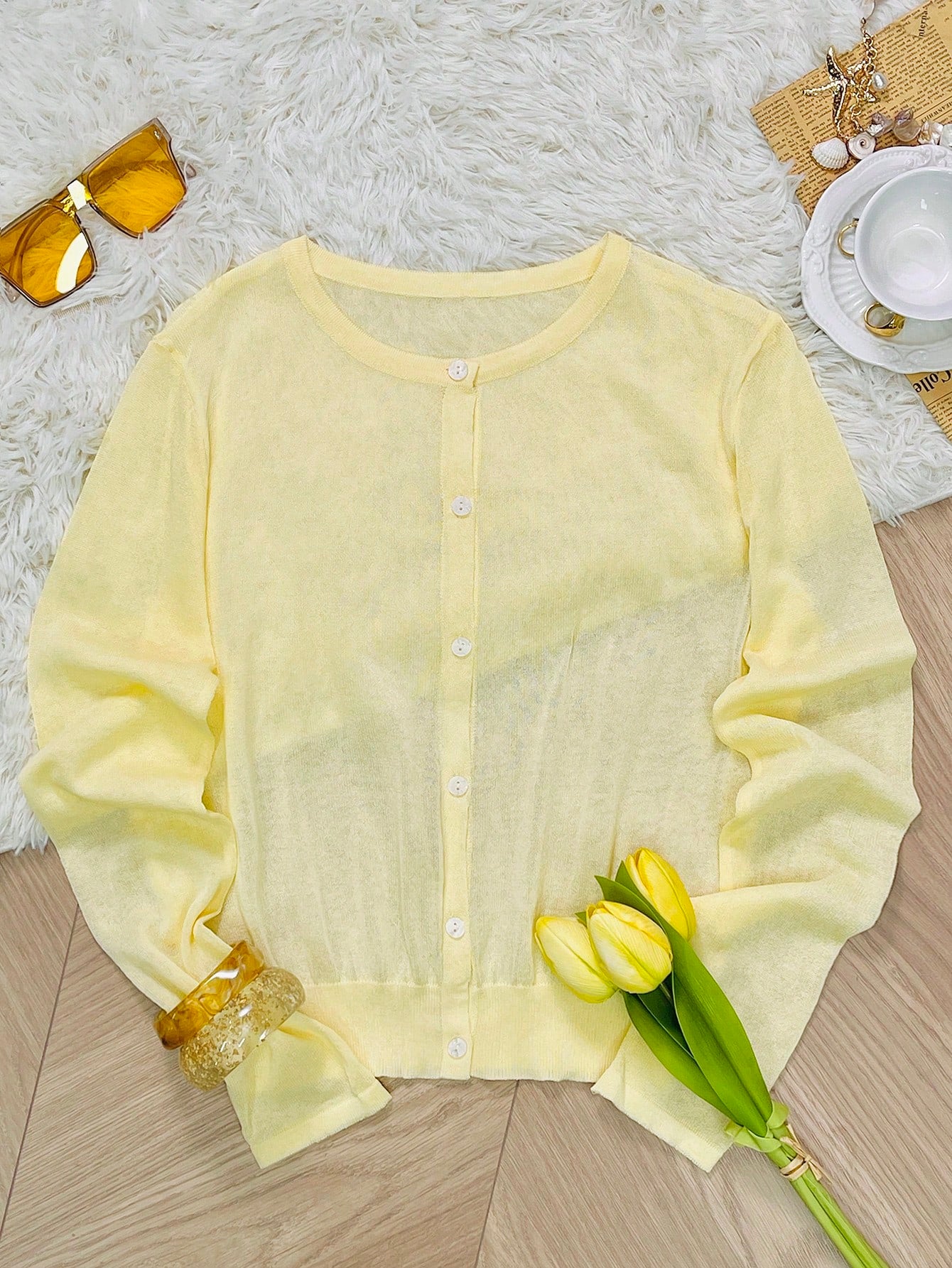 Women's Yellow Acrylic Blend V-Neck Knit Vest with Ribbed Trim
