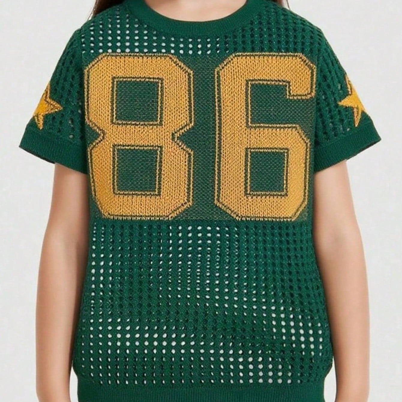 Women's Kids Girls Green Crochet Knit T-Shirt Number 86 Print Short Sleeve Top