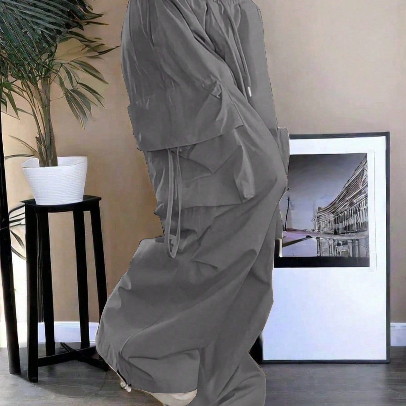 Women's Gray Cotton Full-length cargo pants with cargo pockets