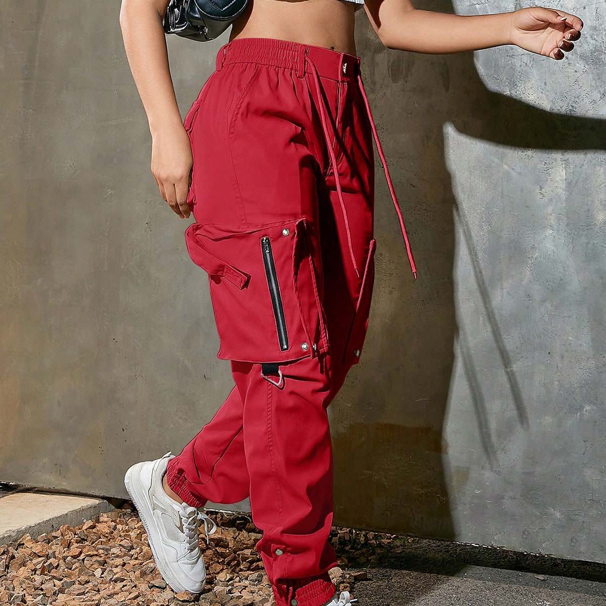 Women's Red High Waist Cargo Pants Multi-Pocket Zip Detail Joggers Wholesale