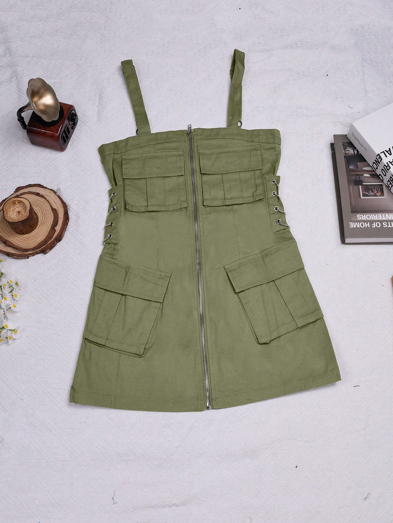 Women's Apperloth Army Green Utility Style Mini Dress Women Sexy Cargo Pocket Bodycon Dress