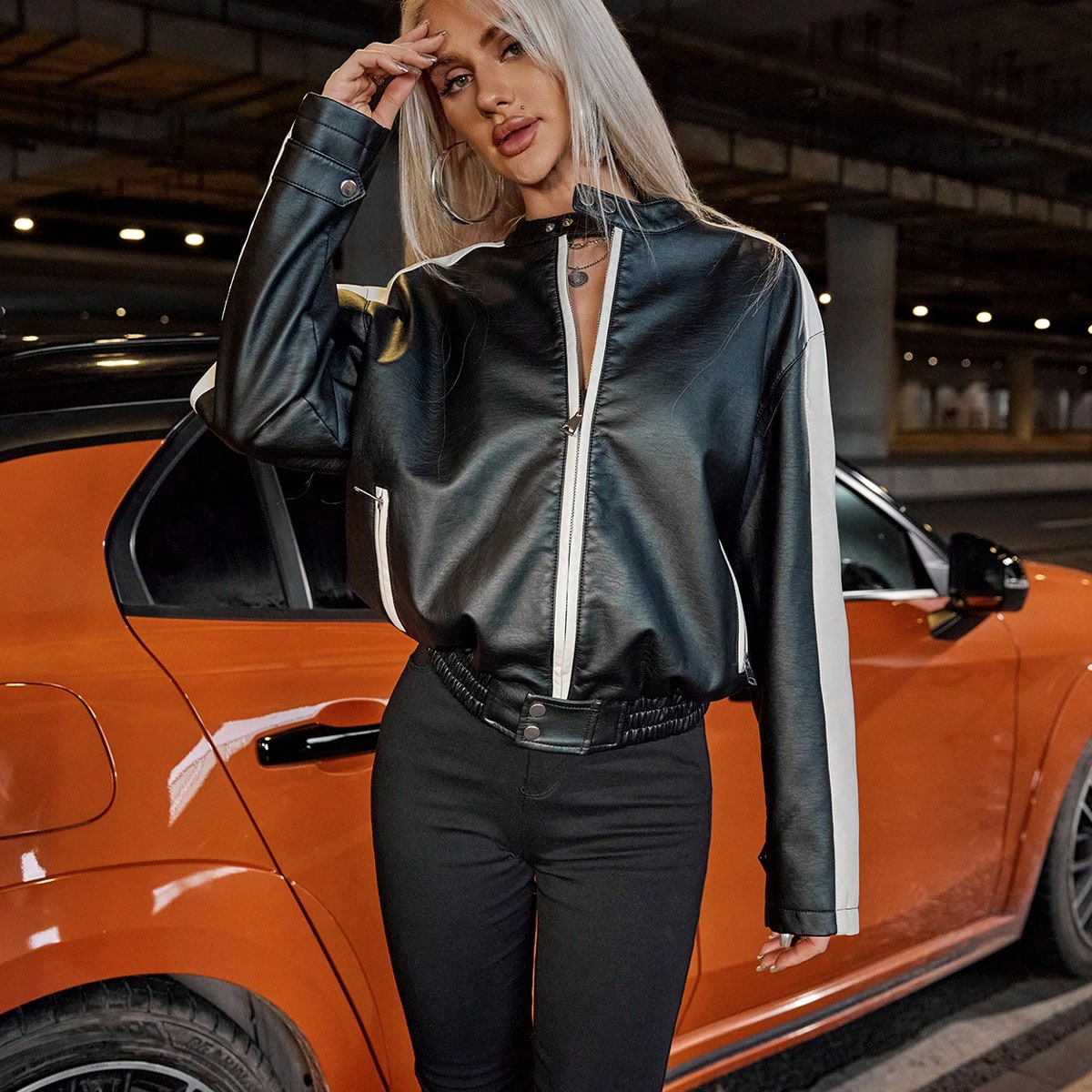 Women's Contrast Trim Faux Leather Bomber Jacket