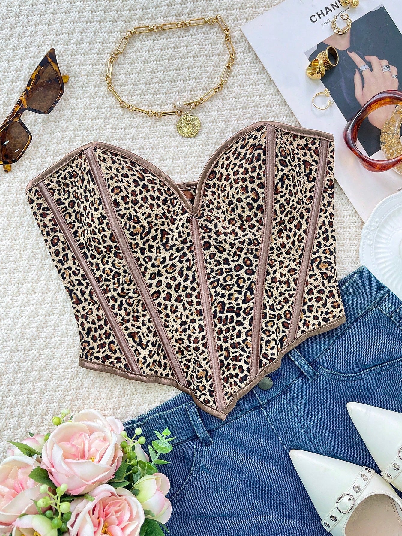 Women's Sexy Sweetheart Neckline Leopard Print Corset Top Slim Fit Sleeveless Party