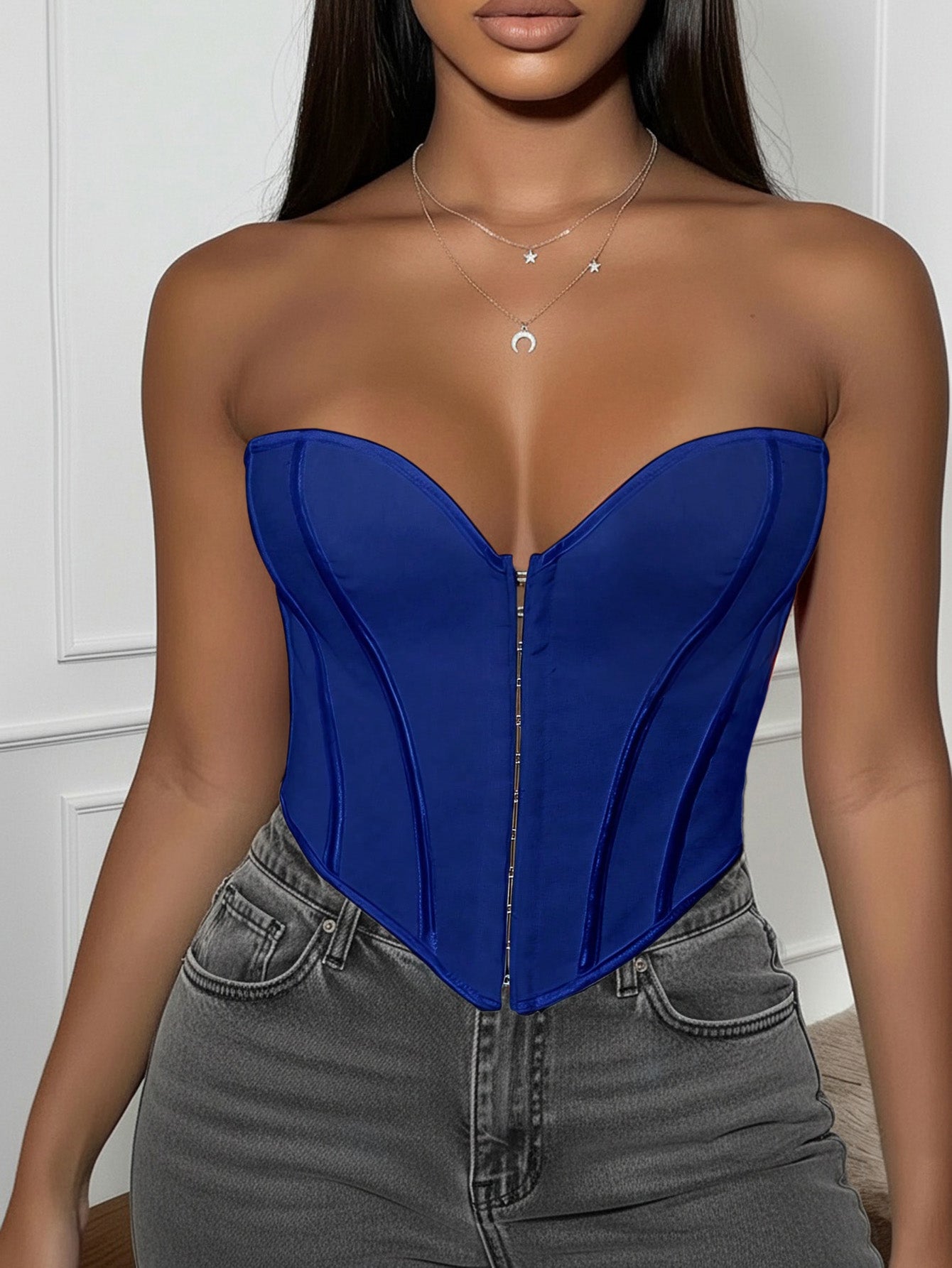 Women's Royal Blue Boned Corset Top with Hook and Eye Closure